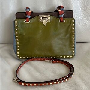 Valentino Olive, Rust and Blue Multicolor Leather Two-way Rockstud Bag